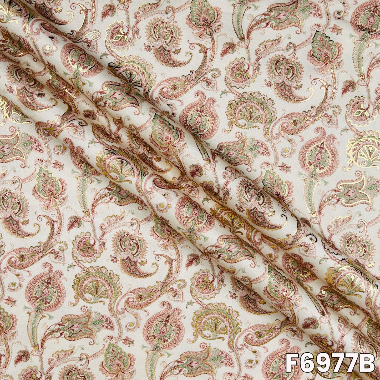 Detailed F6977B view highlighting smooth semi silk texture, refined motifs and light shimmer finish