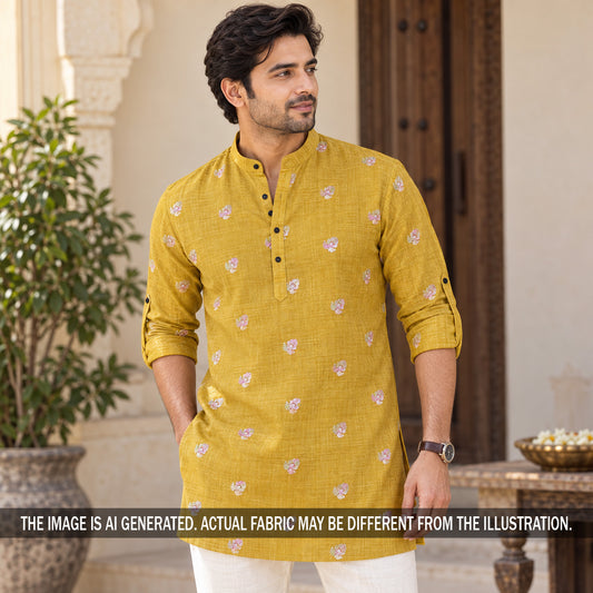 Mustard embroidered linen kurta fabric styled on model