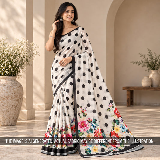 Floral polka dot crepe satin saree on model