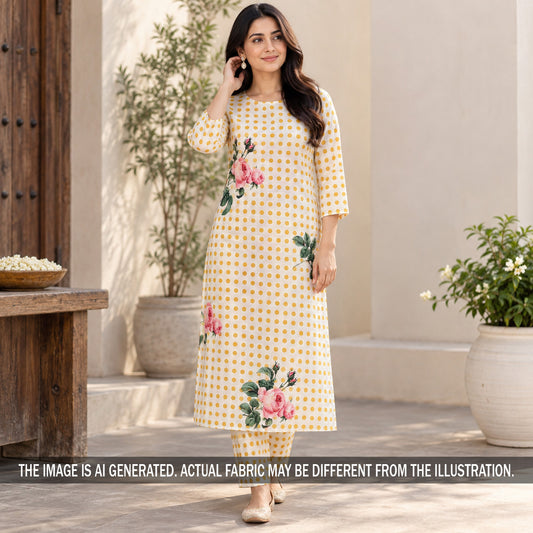 Yellow floral crepe suit styled on model