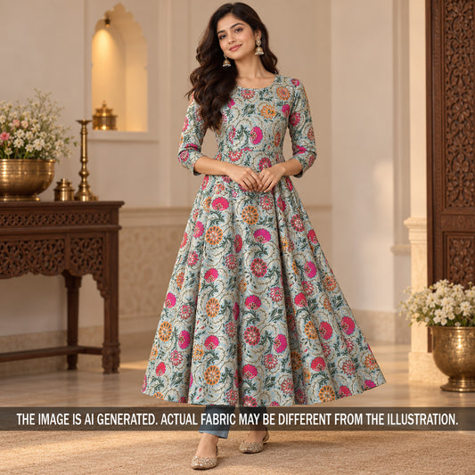 Multicolor floral Banarasi silk anarkali styled on model