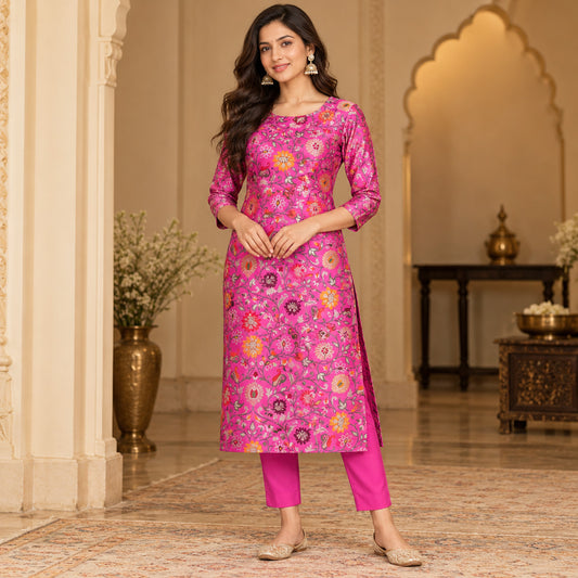 Pink embroidered Banarasi silk kurti styled on model