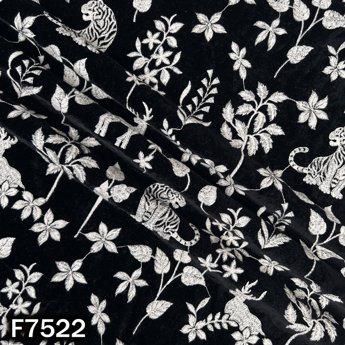 Designer black velvet fabric with floral thread embroidery
