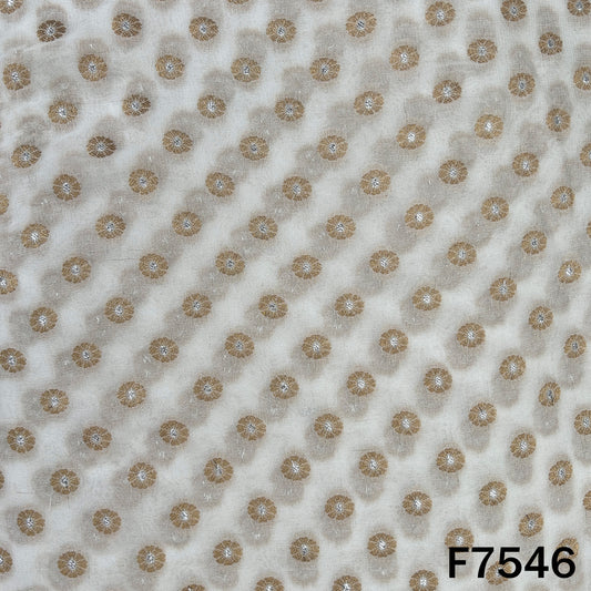 Dyeable georgette fabric with circular golden zari motifs