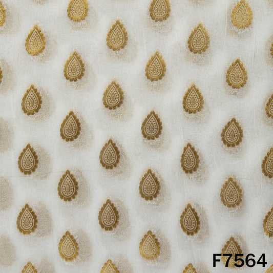 Golden zari paisleys across white dyeable georgette fabric