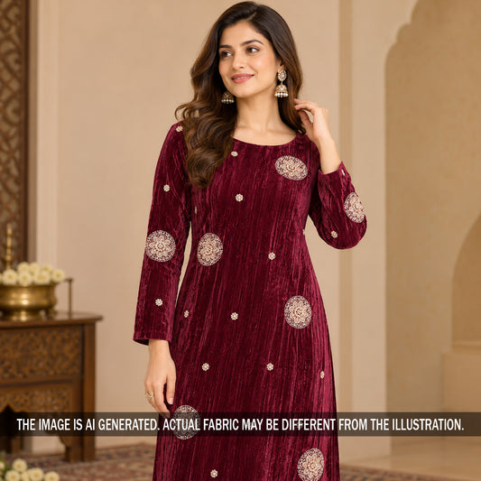 Wine crushed velvet suit with zari embroidery on model