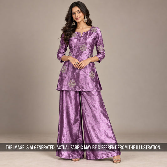 Lavender embroidered velvet suit styled on model