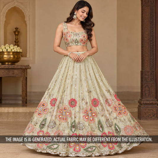 Ivory floral embroidered shimmer tissue lehenga styled on model