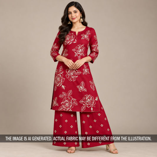 Maroon floral embroidered Pure Chanderi silk suit styled on model
