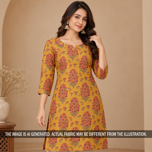 Mustard yellow floral printed Pure Monga silk kurti styled on model