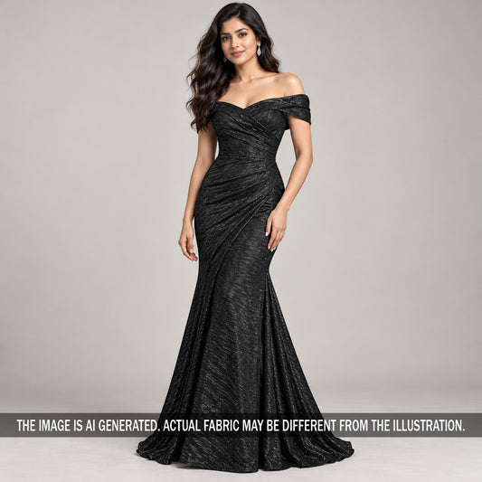 Black pleated shimmer Lycra gown styled on model