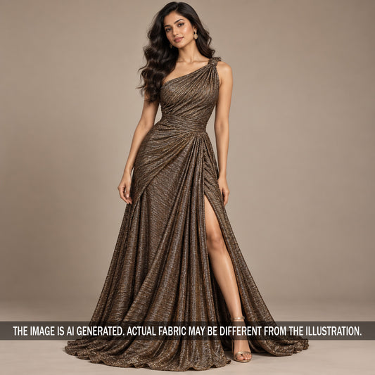 Bronze pleated shimmer Lycra gown styled on model