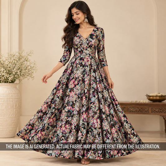 Black floral printed zari georgette gown on model
