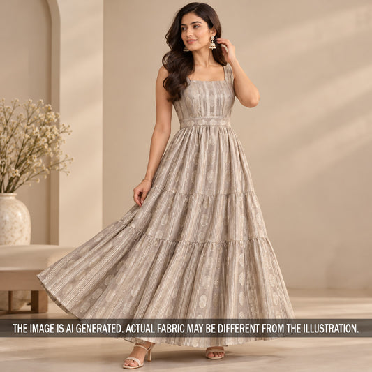 Champagne striped tissue gown styled on model