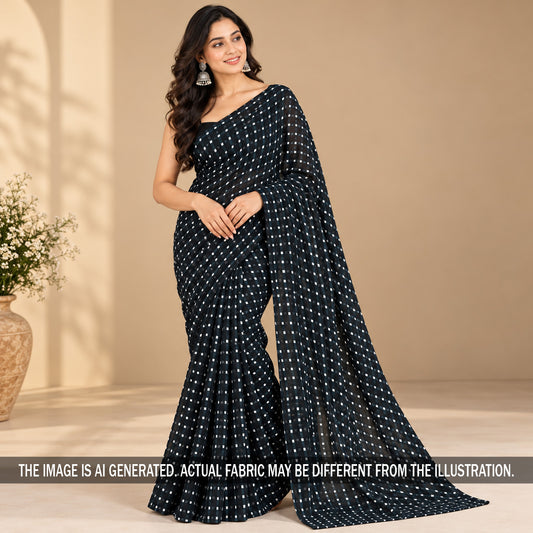 Black Laheriya georgette saree styled on model
