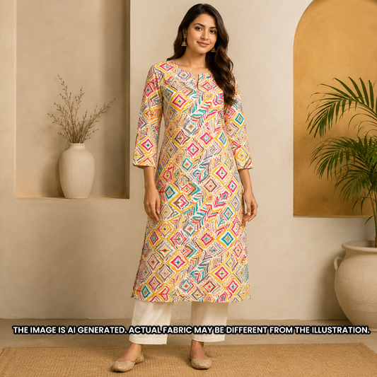 Woman wearing a relaxed multicolor kaftan created with geometric printed rayon fabric F6945