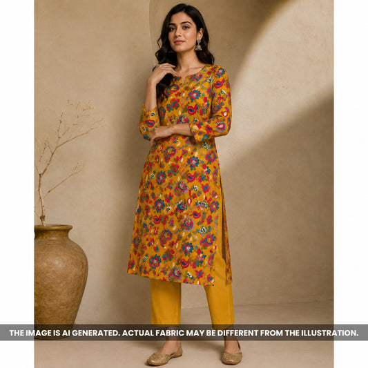 Indian model wearing a mustard rayon kurti designed from vibrant Printed Rayon fabric F6987