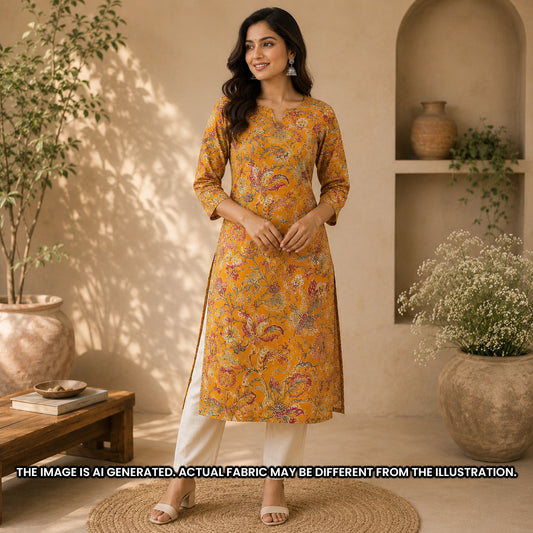 Indian woman wearing a mustard printed rayon kurti designed with the botanical paisley pattern of F6957