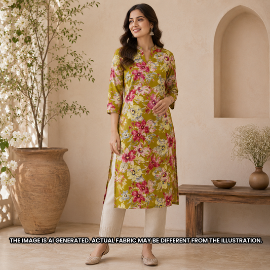 Indian model wearing an olive floral kurti designed from soft foil printed rayon fabric F6922