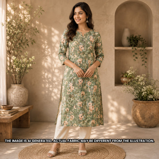 Indian model wearing an elegant olive floral kurti tailored from soft rayon design F6956