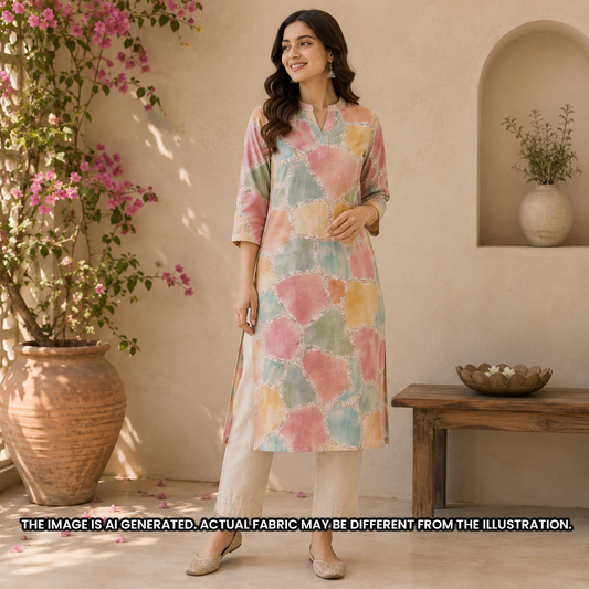 Indian model wearing a pastel printed kurti made from soft foil print rayon fabric F6923