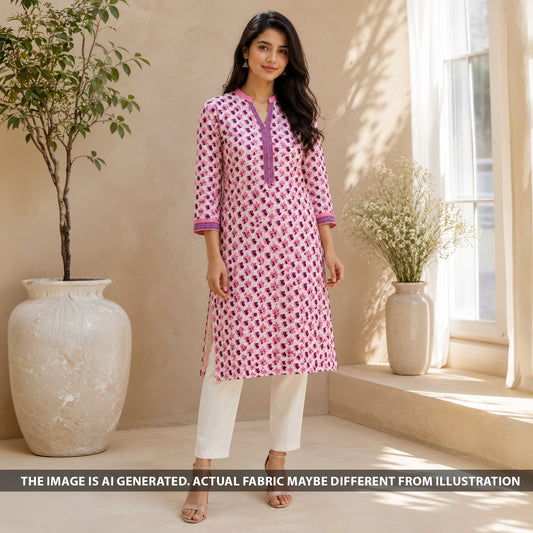 Indian model wearing pink block print cotton kurti made from F6878 fabric
