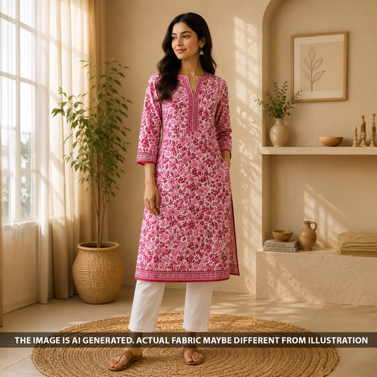 Indian model wearing a pink floral print cotton kurti made from FabricRoot F6890 fabric