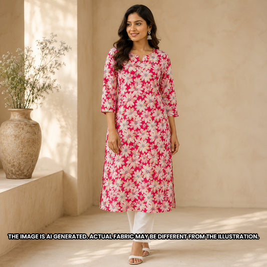 Indian model wearing a pink kurti tailored from soft floral foil printed rayon fabric F6953