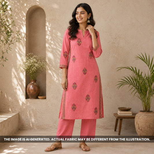 Indian woman wearing a pink kurti made from Thread Work Semi Silk fabric F6979