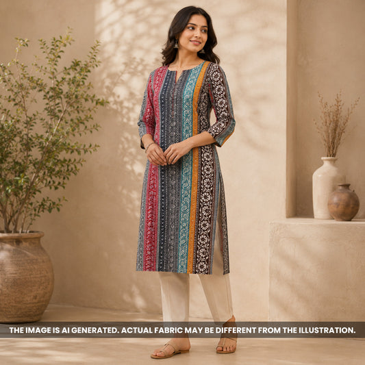Indian model wearing a striped kurti made from soft Printed Rayon fabric F6990