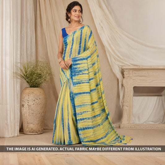 Indian model wearing tie-dye striped Chanderi fabric F6870 in an elegant saree drape