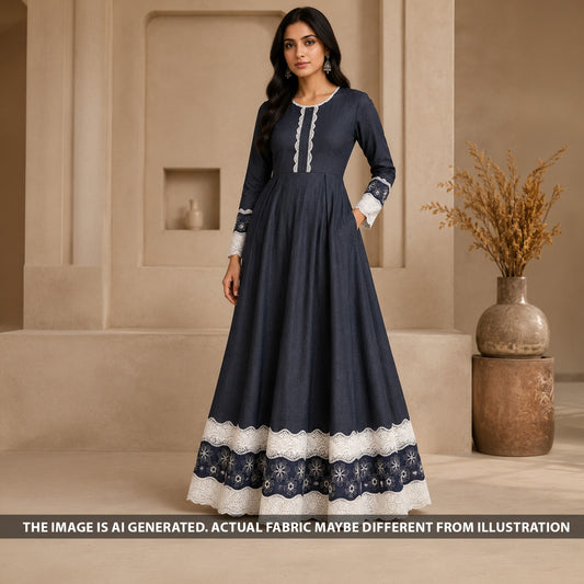 Designer dress made from white cotton denim fabric with thread lace work