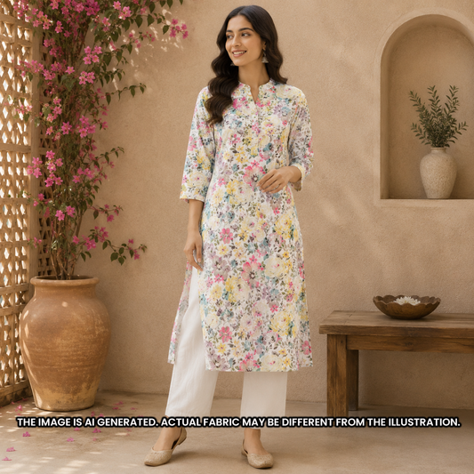 Indian model wearing a white multicolor floral kurti designed from soft printed rayon fabric F6928