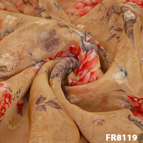 Printed Organza With Zari Buta Fabric-FR8119
