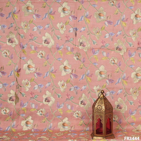 Zari Position Print Pure Silk Chanderi Brocade Fabric-FR3444