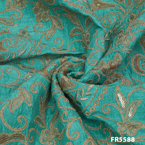 Embroidered Sequins Zari Dupion Silk Fabric-FR5588