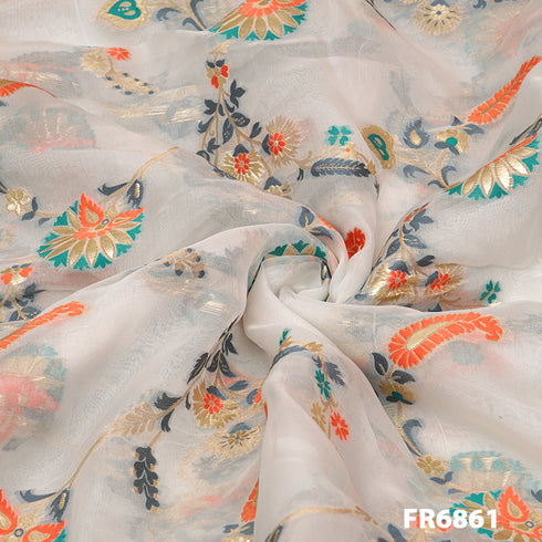 Dyeable Zari Embroidered Organza Fabric-FR6861