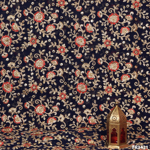 Embroidered Faux Mirror Georgette Fabric-FR3421