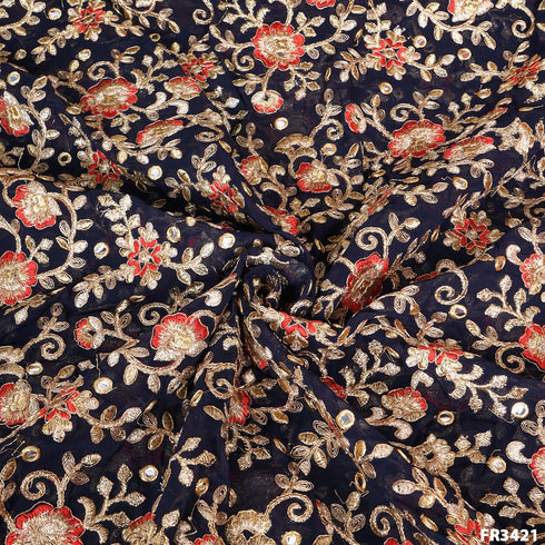 Embroidered Faux Mirror Georgette Fabric-FR3421