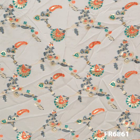 Dyeable Zari Embroidered Organza Fabric-FR6861