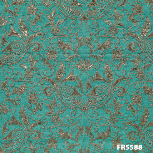 Embroidered Sequins Zari Dupion Silk Fabric-FR5588