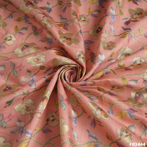 Zari Position Print Pure Silk Chanderi Brocade Fabric-FR3444