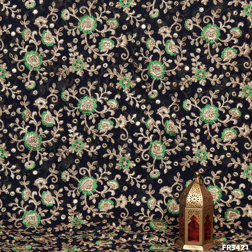 Embroidered Faux Mirror Georgette Fabric-FR3421