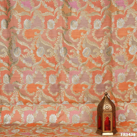 Zari Position Print Pure Silk Chanderi Brocade Fabric-FR3438
