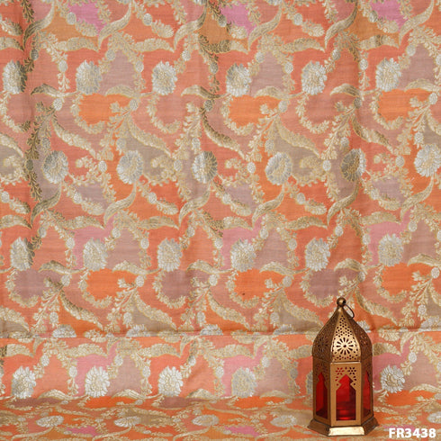 Zari Position Print Pure Silk Chanderi Brocade Fabric-FR3438