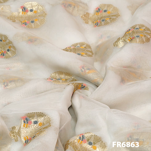 Dyeable Zari Embroidered Organza Fabric-FR6863