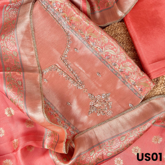 Peach Tissue Silk Unstitched Suit Set - US01