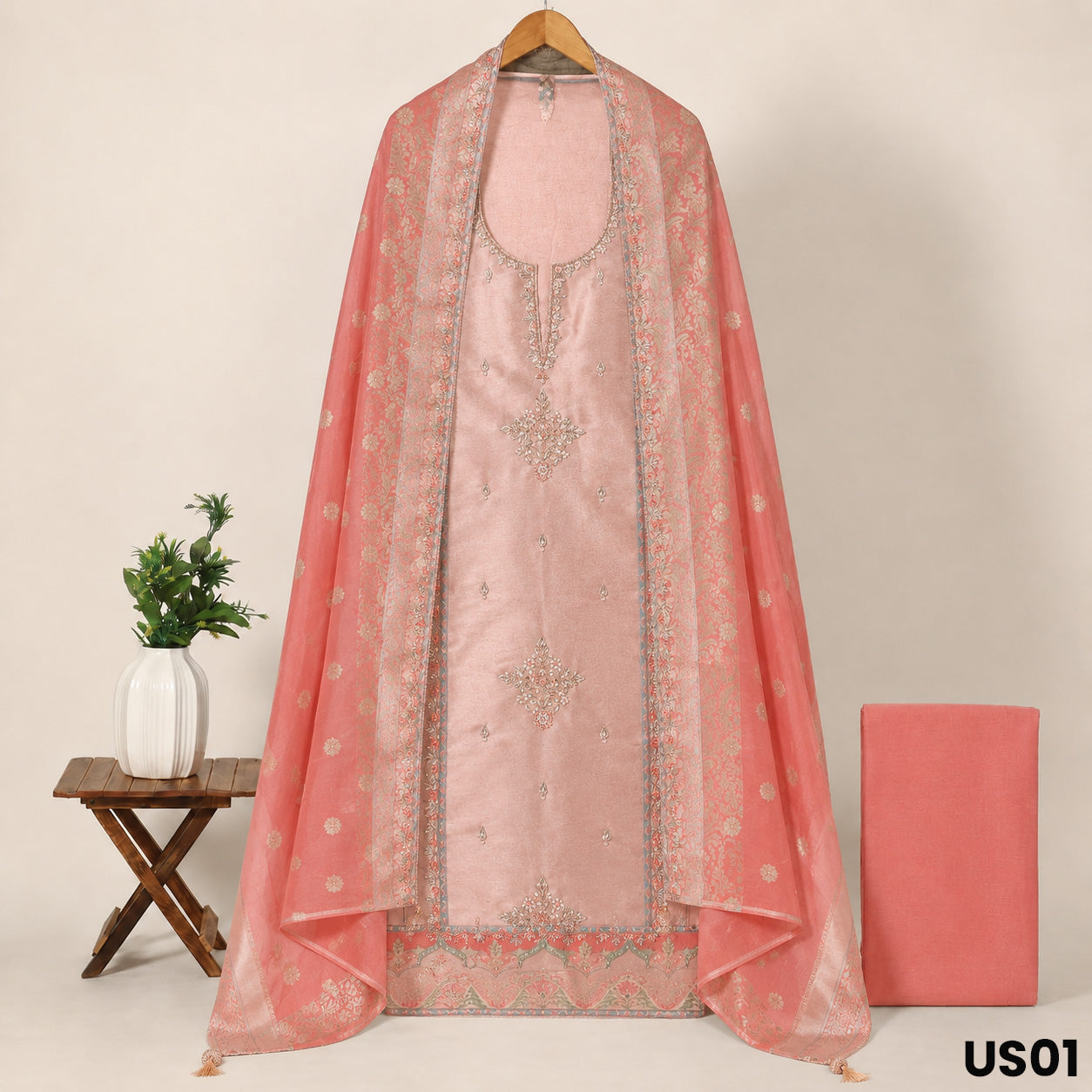 Peach Tissue Silk Suit Set - US01