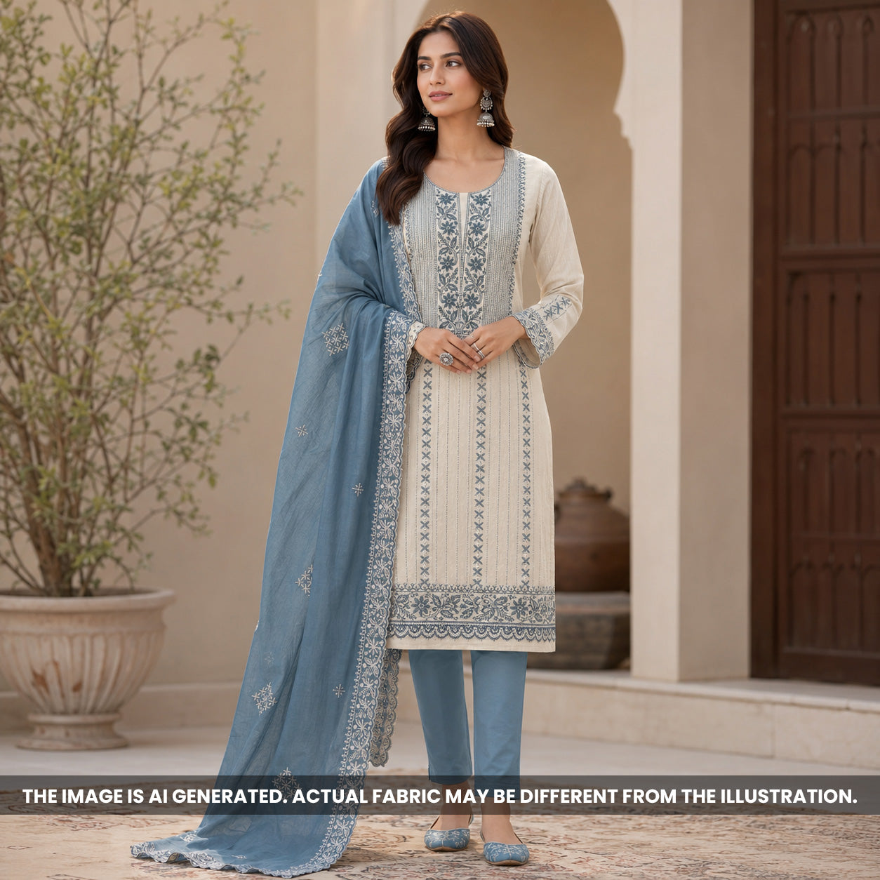 Off White Embroidered Mul Cotton Suit Set - US06