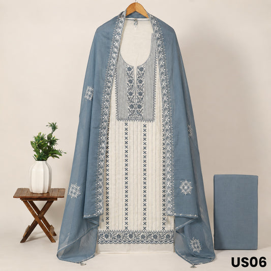 Off White Embroidered Mul Cotton Suit Set - US06